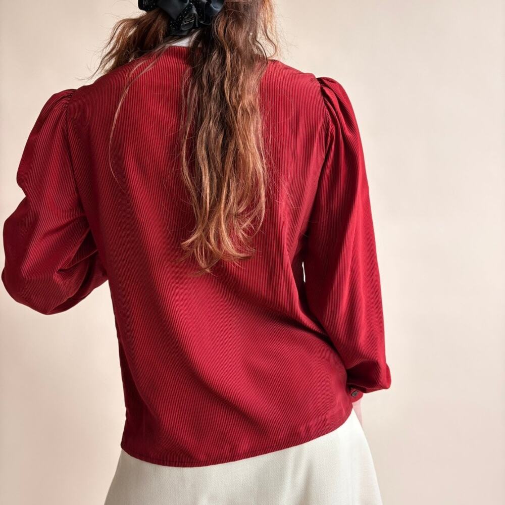 Albert Nipon Claret Pintuck Blouse - Peter Pan Collar, Puff Sleeves, Size 4 - Picture 5 of 7